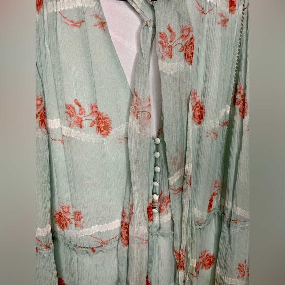 Jonathan Simkhai Seafoam Floral Irena Rose 100% Silk Dress Tiered Ruffles Sz M - Picture 4 of 13